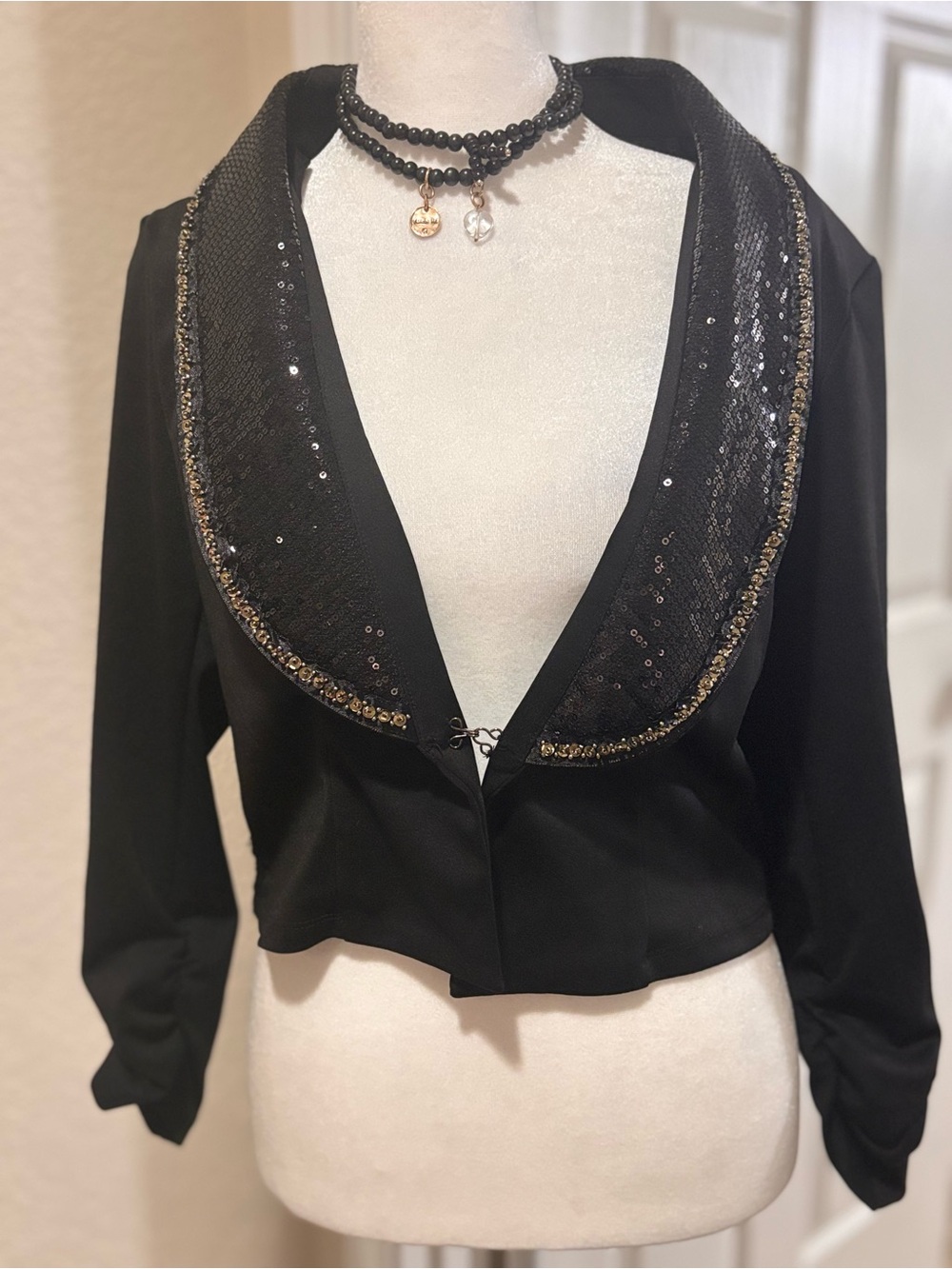 BKE Black Cropped Blazer with Sequin-Edged Shawl Collar